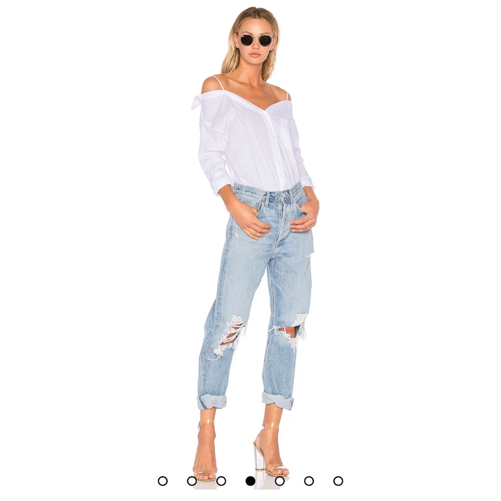 AGOLDE Destructed 90's Mid Rise Loose Fit Jeans in Fall Out.‎